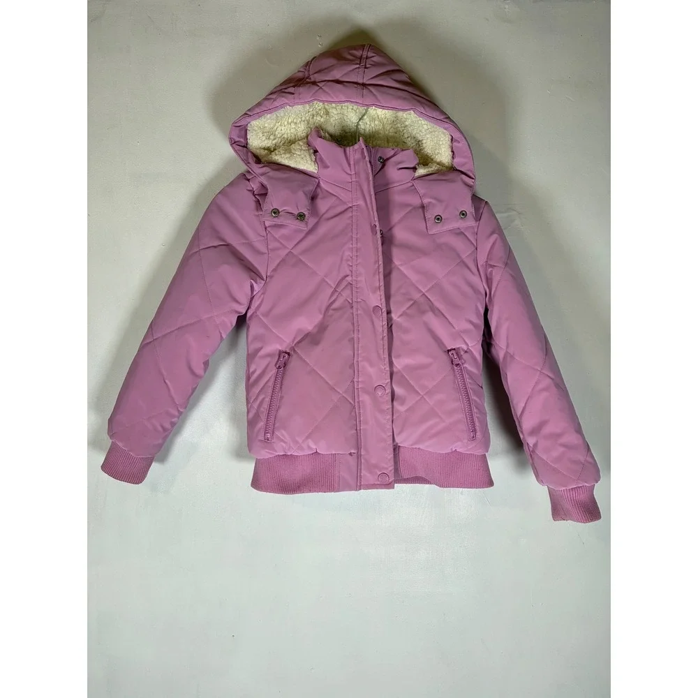 Justice Girls 7/8 Pink Quilted Sherpa Lined Hooded Winter Jacket Coat Small Kids